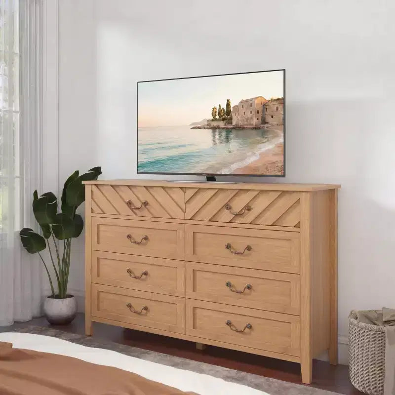 Meuble TV en bois brun/blanc à 6 tiroirs avec façade à motif en V, console multimédia