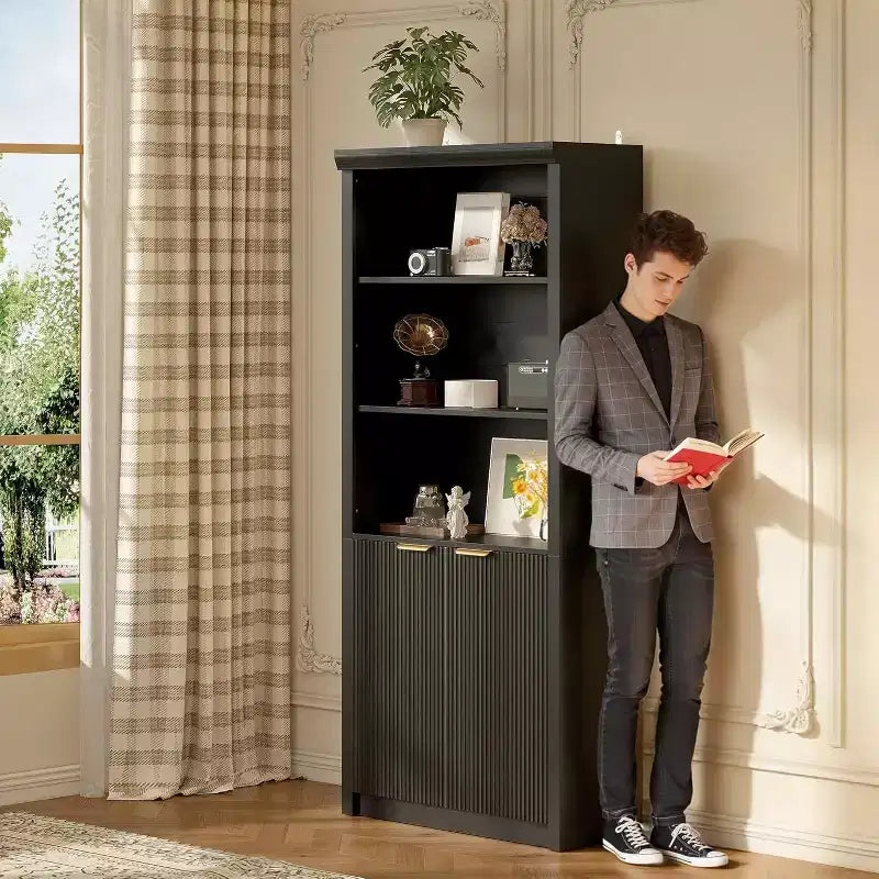 Bibliothèque à 5 étagères avec portes, Noir / Gris / Chêne / Blanc, 180 cm de haut, Simple