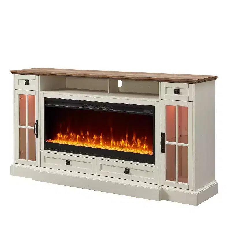 SinCiDo 70 Fireplace TV Stand for 80 Inch TV, Farmhouse TV Stand w/Door & Drawers