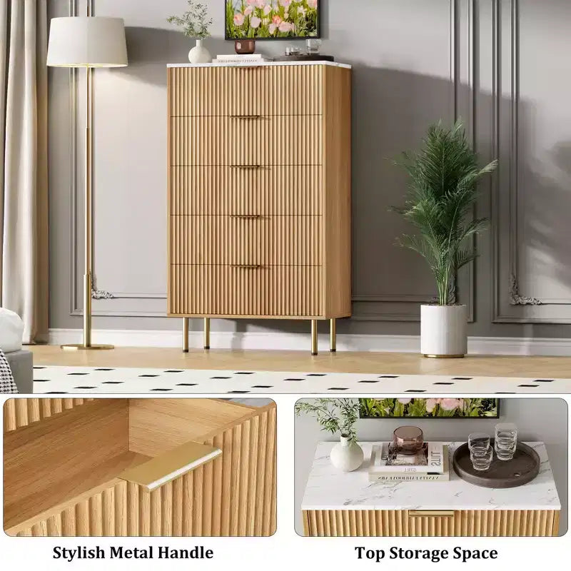 Commode 5 tiroirs blanche / effet marbre et bois – Panneau cannelé, pour 1 personne