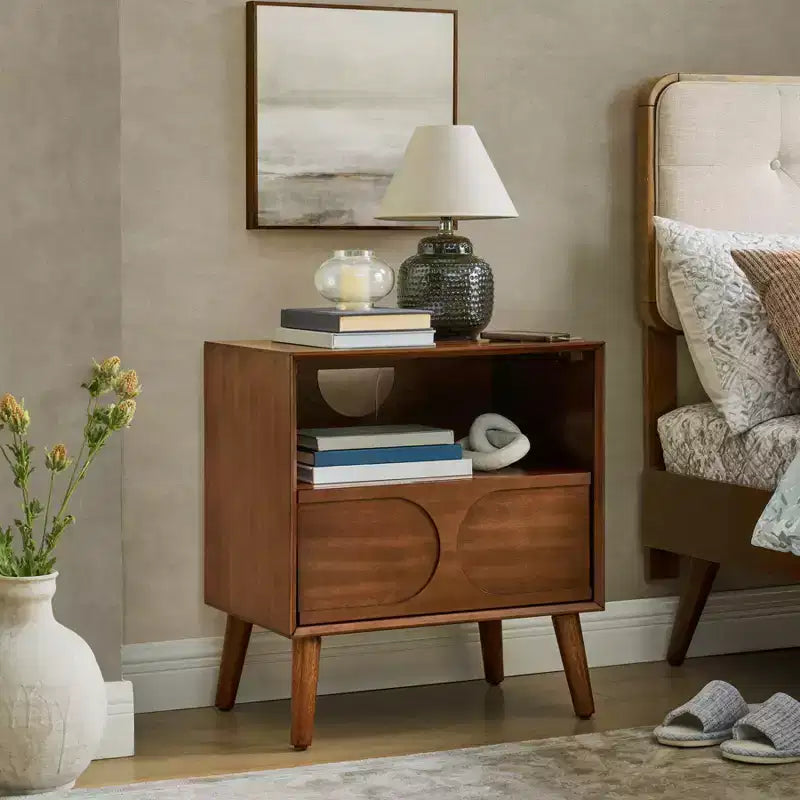 Modern Fluted Sofa Side Table, Wooden End Table With Drawer & Open Shelf, Accent Bedroom Nightstand, Farmhouse Bedside Table for Living Room