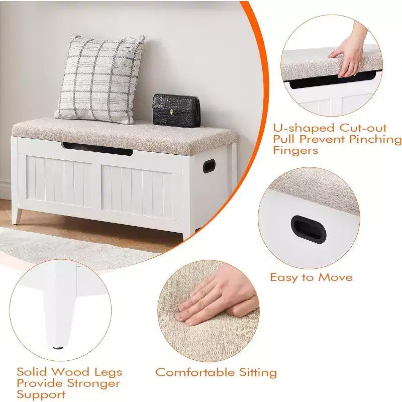 Banc de rangement capitonné marron / gris / rose / blanc, coffre en bois avec assise rembourrée, 1 personne