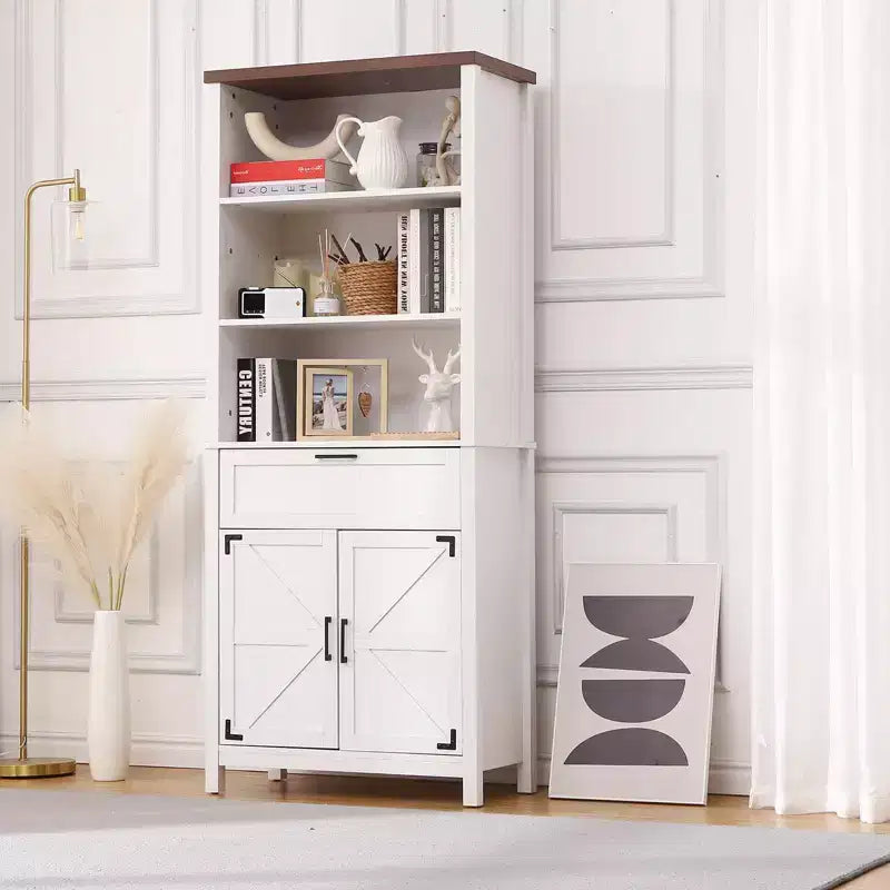 Farmhouse Storage Cabinet, 72 Tall 6-Tier Bookshelf with Drawer and Adjustable Shelves, Display Cabinet for Living Room, Bedroom