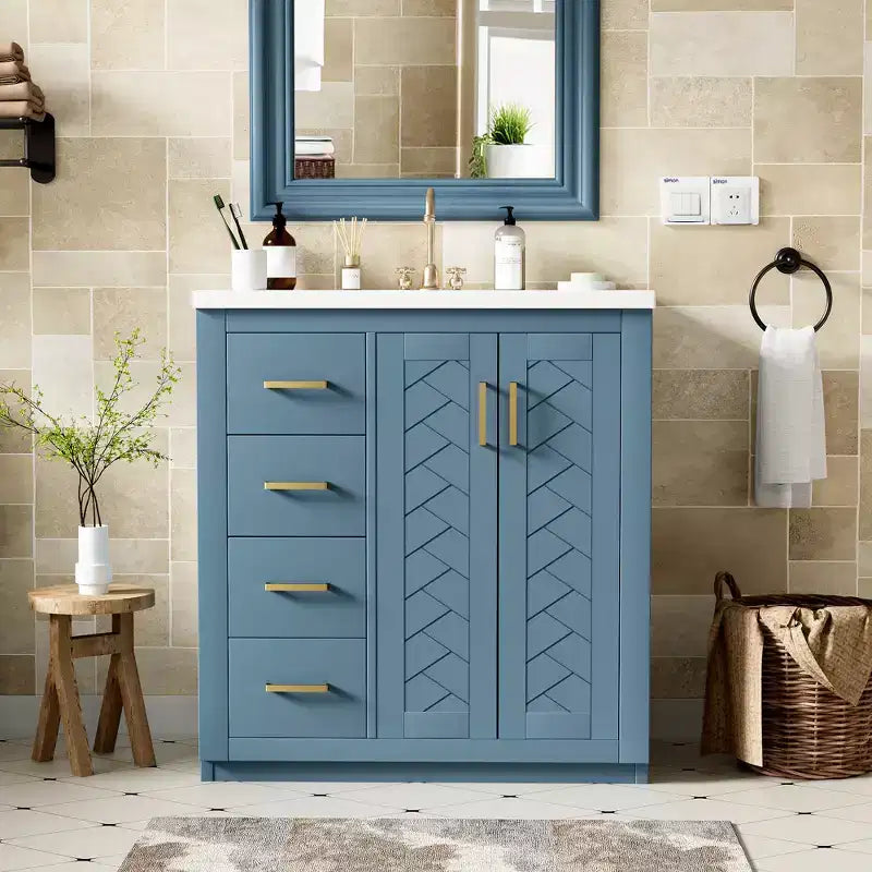 Meuble-lavabo de salle de bain de 76 cm à lavabo simple avec armoire et 3 tiroirs – Noir / Bleu / Vert / Indigo / Blanc