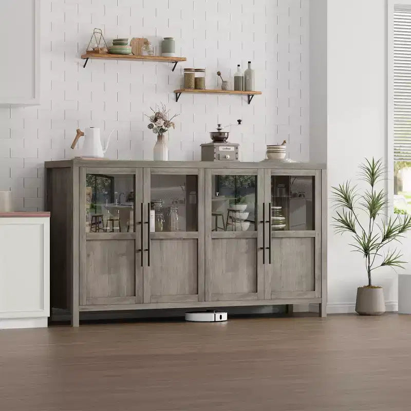 Buffet bahut avec portes vitrées, coloris noir/gris/bois, 4 portes, assemblage 1 personne