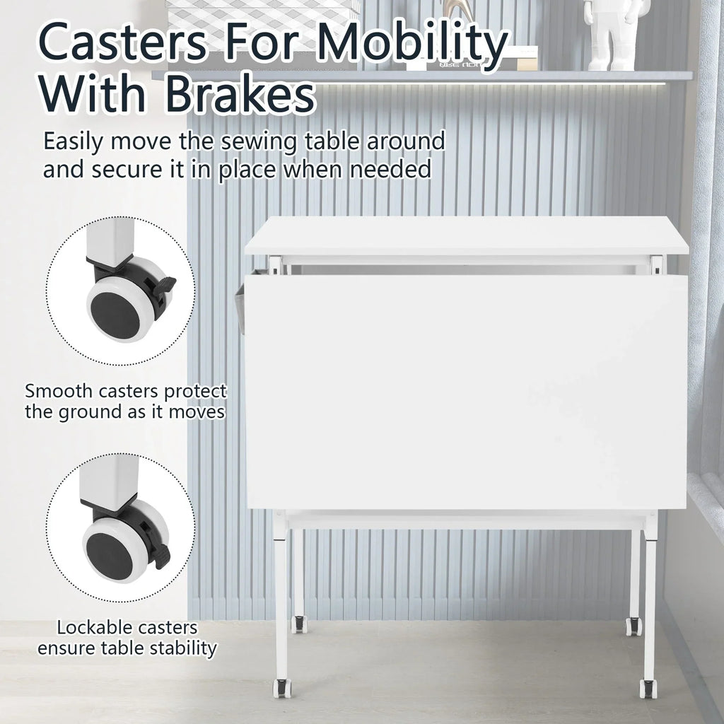 Height Adjustable Craft Table with Storage Shelves, Mobile Folding Cutting Table for Home Office Sewing Room Craft Room