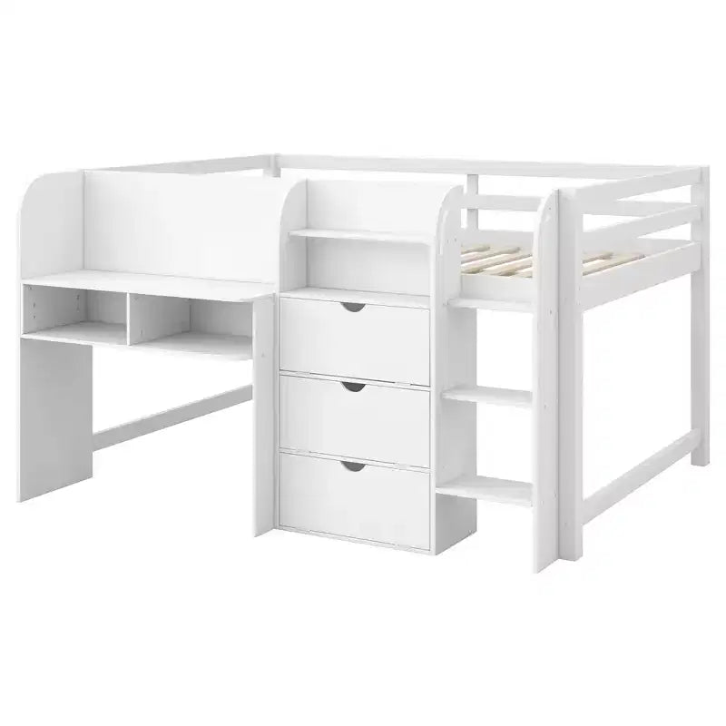 Lit bas mezzanine rose et blanc avec bureau, rangement et tableau blanc - Jumeau, 1 personne