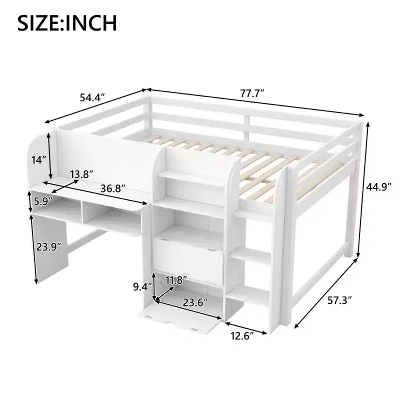 Lit bas mezzanine rose et blanc avec bureau, rangement et tableau blanc - Jumeau, 1 personne