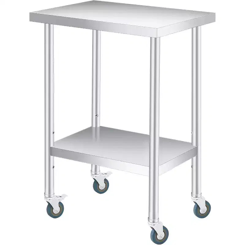 Table de travail en acier inoxydable argenté à 2 niveaux - Pieds fixes/Roues verrouillables, 1-2 personnes