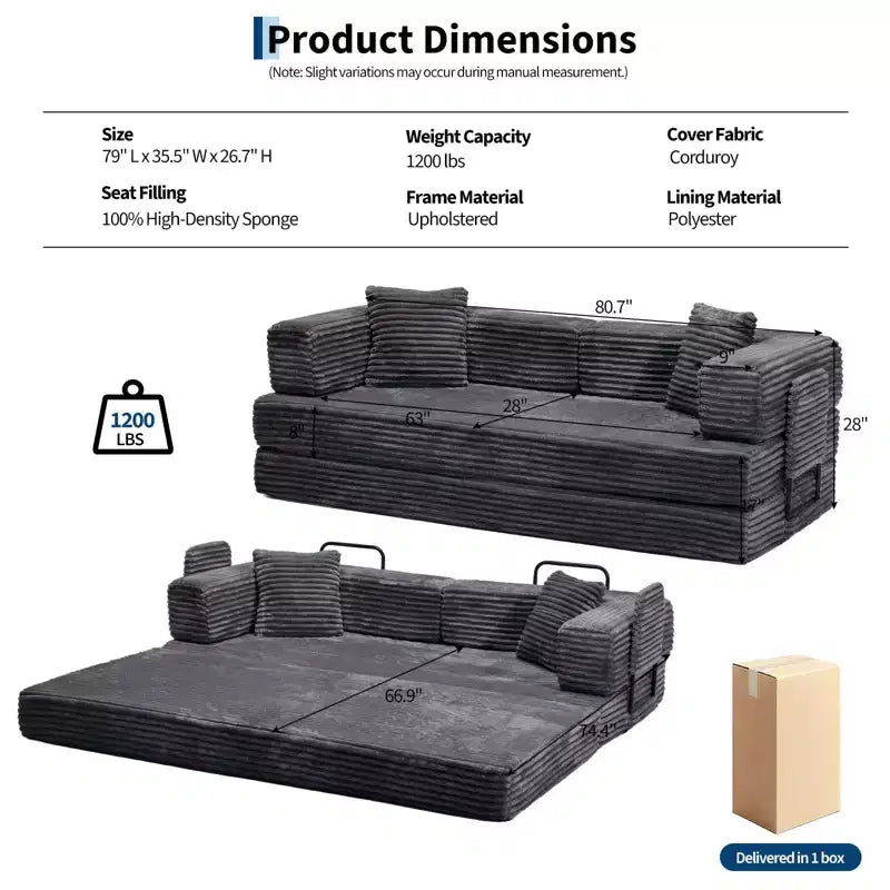 80.7 5-in-1 Convertible Sleeper Sofa Bed ??Corduroy, 1200 lbs, No Assembly