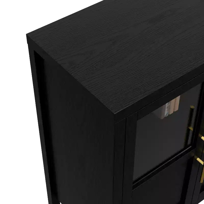Buffet bahut avec portes vitrées, coloris noir/gris/bois, 4 portes, assemblage 1 personne