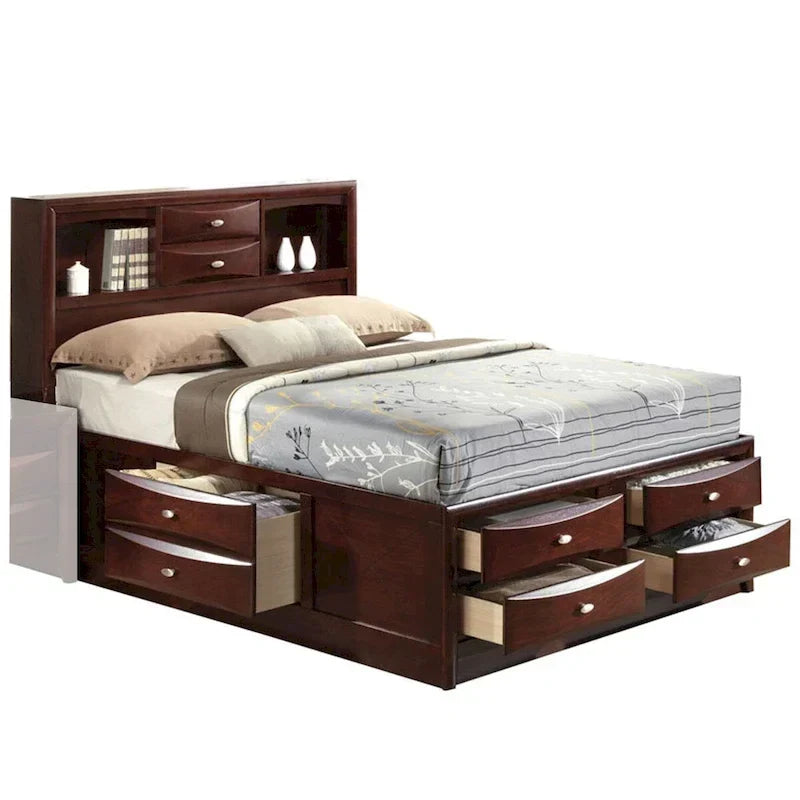 Panel Design Queen Size Bed with Bookcase and Drawers, Brown