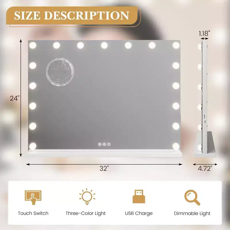 Miroir de courtoisie LED blanc avec loupe 3X, variateur tactile, 3 modes d'éclairage, chargement USB, à poser/fixer au mur, 1 personne