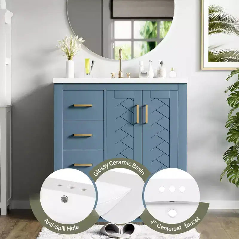 Meuble-lavabo de salle de bain de 76 cm à lavabo simple avec armoire et 3 tiroirs – Noir / Bleu / Vert / Indigo / Blanc