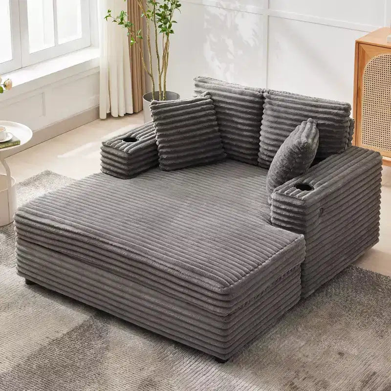 Indoor Comfy Corduroy Lounge Sofa with Charging Station, Cup Holders & Throw Pillows Cozy Sleeper Couch for Living Room, Bedroom & Apartments