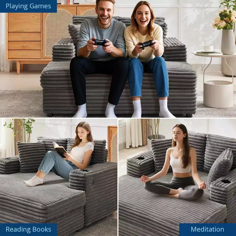Sofa wypoczynkowa trzyosobowa sztruksowa z uchwytami na kubki i portami ładowania