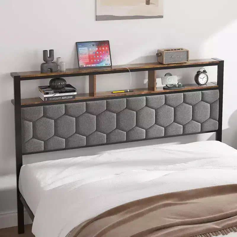 Cadre de lit plateforme rembourré marron avec ports USB | Grand lit/Très grand lit | Pour 1 à 2 personnes