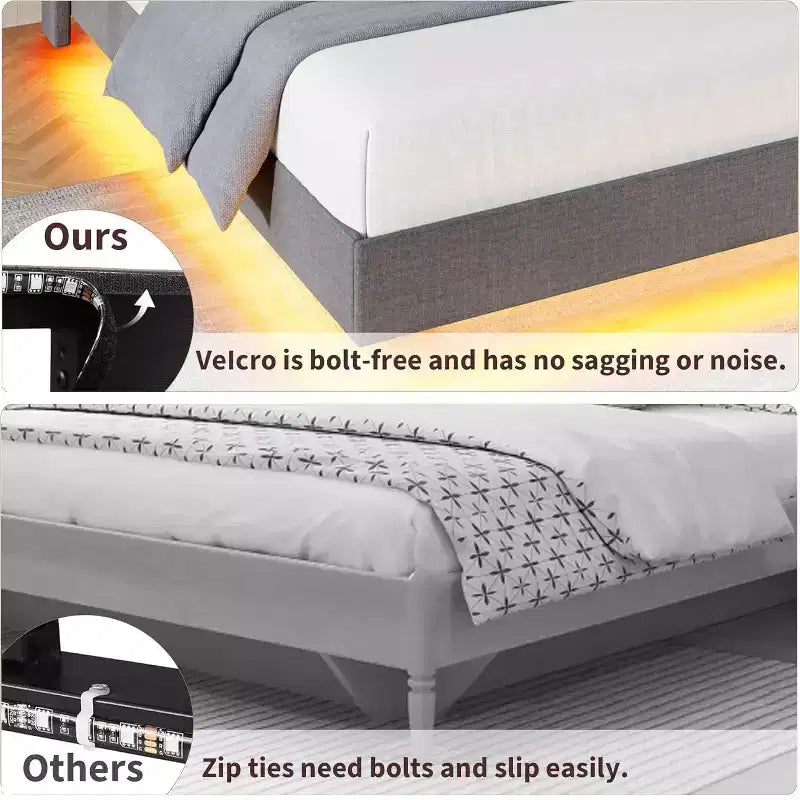 Lit plateforme flottant rembourré beige / noir / gris, lumières LED, tête de lit de rangement, pleine grandeur / grand format / très grand format, 1 personne