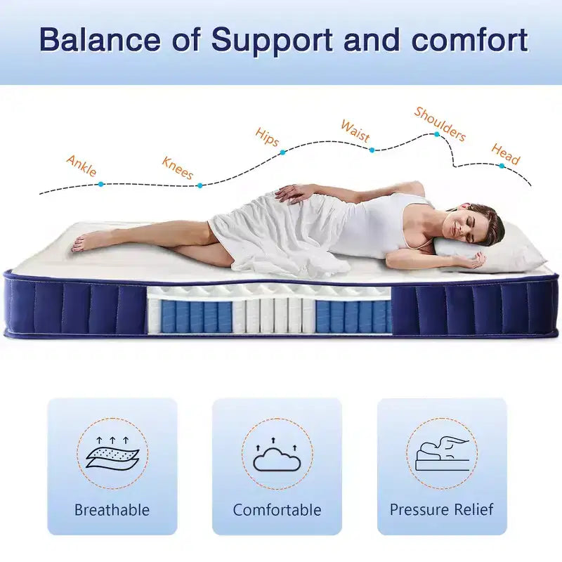 6 Matelas hybride blanc, ressorts ensachés + mousse à mémoire de forme, simple / simple XL, 1 personne