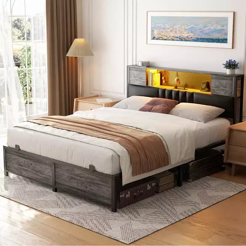 Cadre de lit plateforme rembourré Chêne Noir / Gris avec lumières LED et station de recharge ¨C Grand lit / Très grand lit, 1 personne