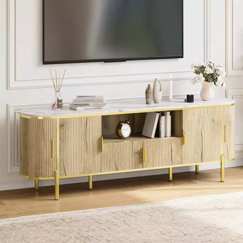 Meuble TV cannelé bleu/chêne avec portes coulissantes et étagères réglables, convient aux téléviseurs jusqu'à 8 pouces