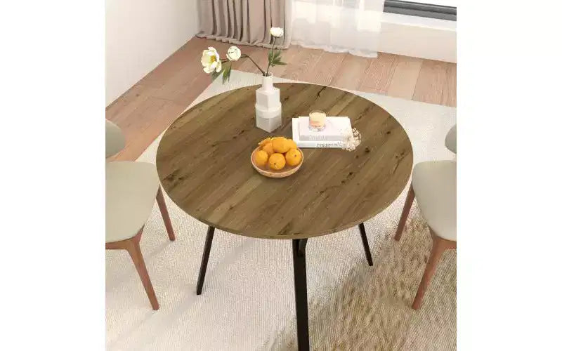 35.43 Inch Round Dining Table, Small Circle Kitchen Table with Metal Black Legs for 2-4 people,Modern Dining Room Table, Brown (only table)