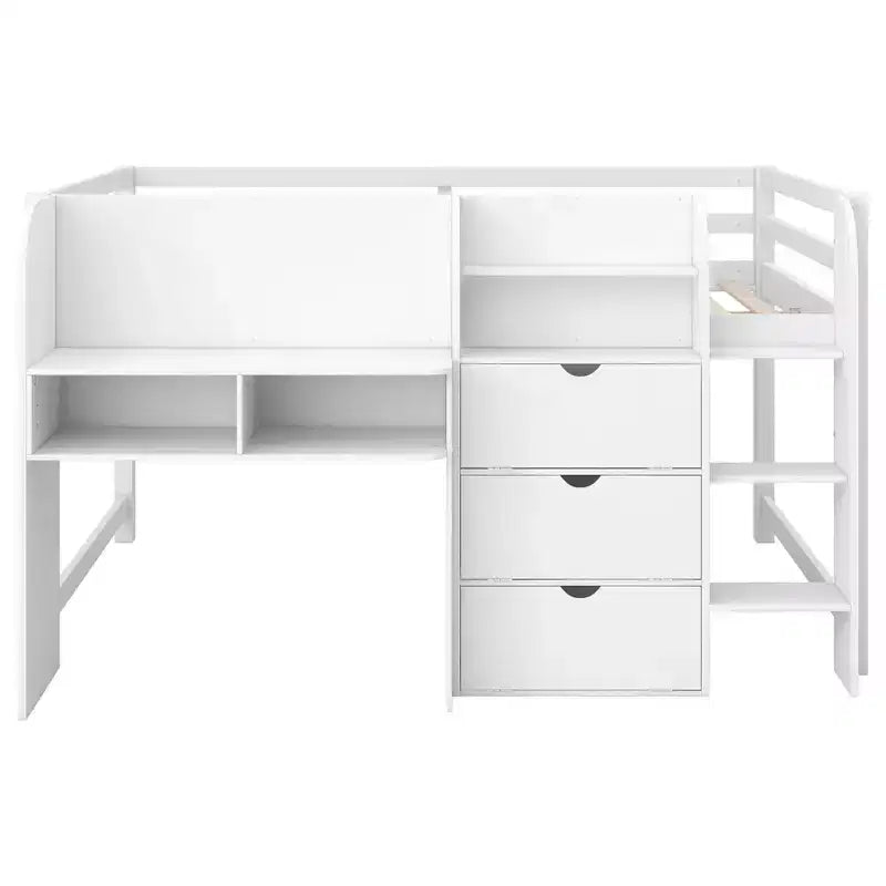 Lit bas mezzanine rose et blanc avec bureau, rangement et tableau blanc - Jumeau, 1 personne