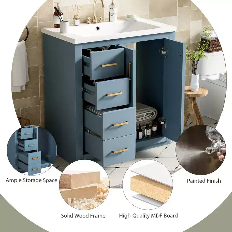 Meuble-lavabo de salle de bain de 76 cm à lavabo simple avec armoire et 3 tiroirs – Noir / Bleu / Vert / Indigo / Blanc
