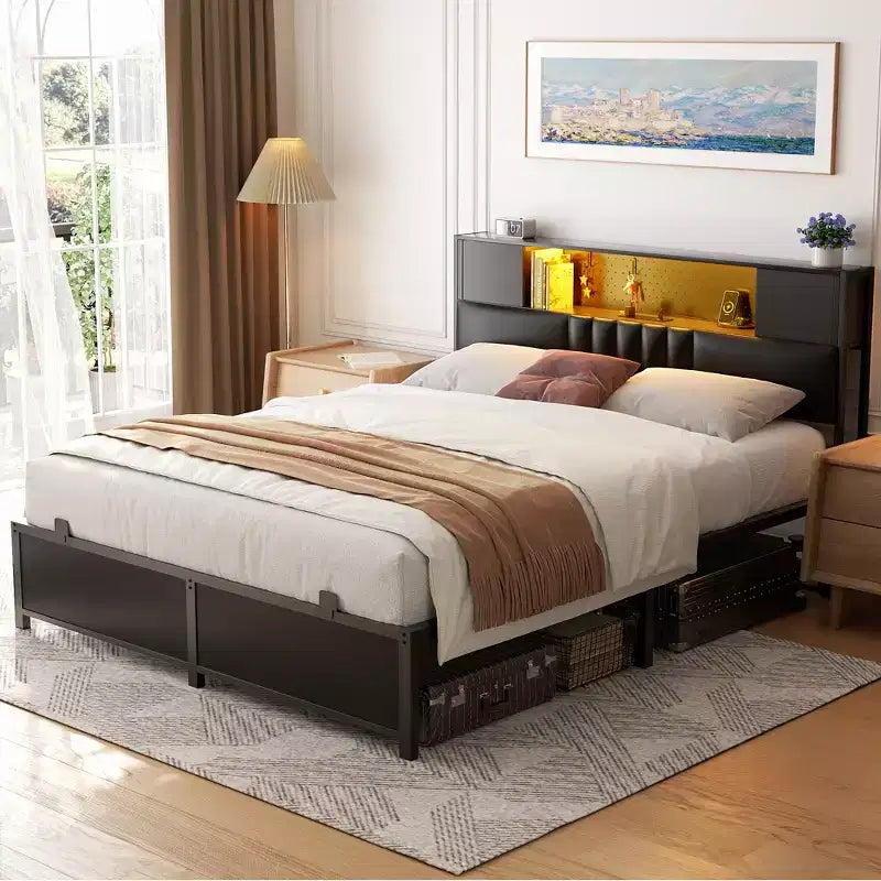 Besiost Bed Frame with LED Light and Charging Station