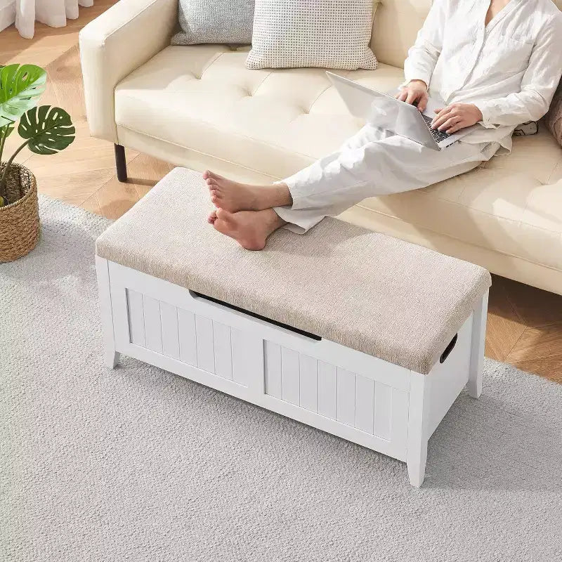 Banc de rangement capitonné marron / gris / rose / blanc, coffre en bois avec assise rembourrée, 1 personne