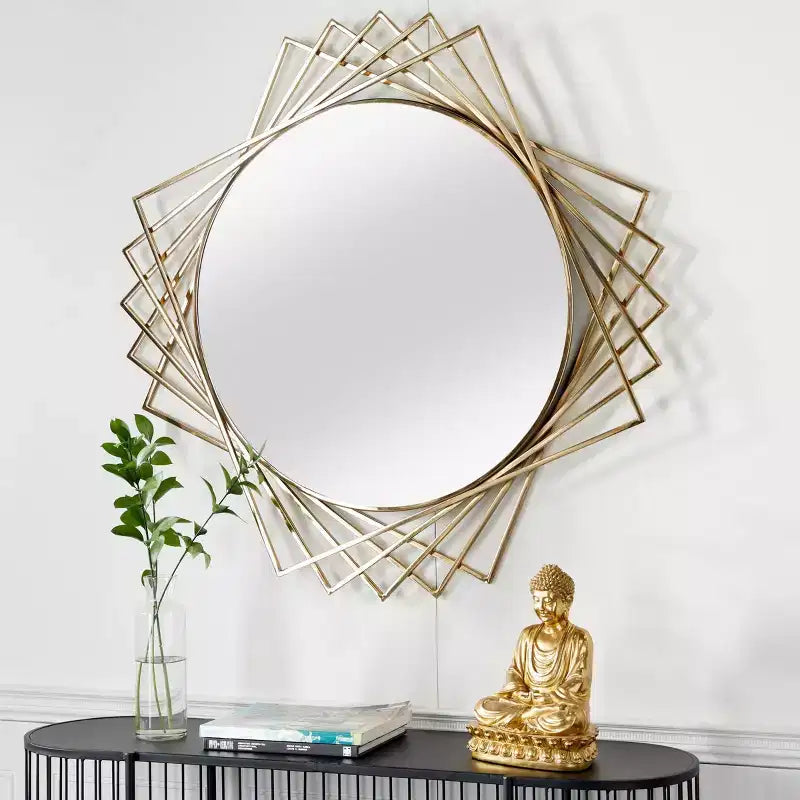 Miroir mural géométrique rond en métal noir/argenté, simple