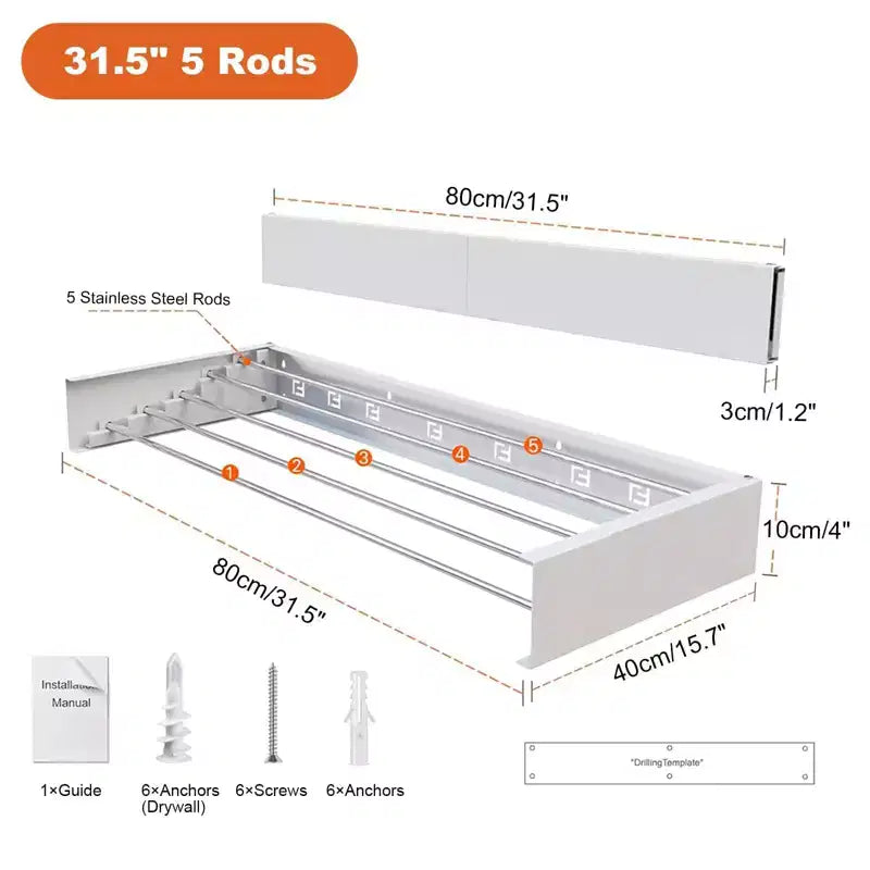 Séchoir mural pliable en aluminium, 5 barres, pour une personne