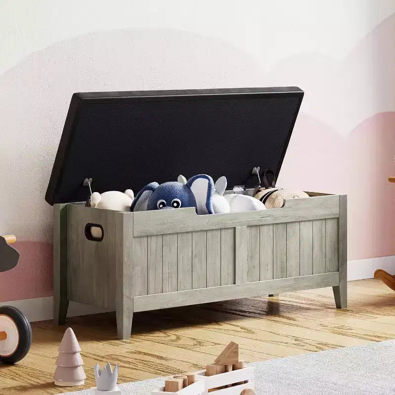 Banc de rangement capitonné marron / gris / rose / blanc, coffre en bois avec assise rembourrée, 1 personne