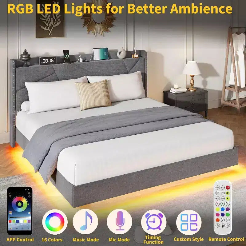 Lit plateforme flottant rembourré beige / noir / gris, lumières LED, tête de lit de rangement, pleine grandeur / grand format / très grand format, 1 personne
