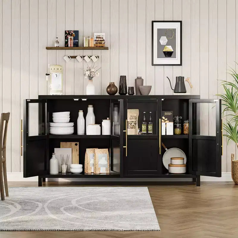 Buffet bahut avec portes vitrées, coloris noir/gris/bois, 4 portes, assemblage 1 personne
