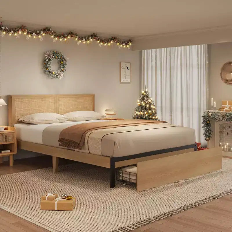 Rattan Bed Frame Queen with Natural Rattan Headboard, Full/Queen/King Rattan Bed Frame with 2 Drawers, Solid Wood Foundation with Silent Slats