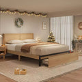 Rattan Bed Frame Queen with Natural Rattan Headboard, Full/Queen/King Rattan Bed Frame with 2 Drawers, Solid Wood Foundation with Silent Slats