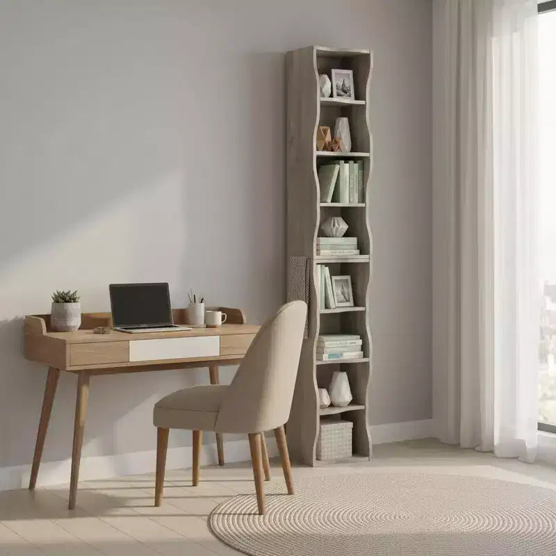 Homy Casa 7-Layer Adjustable Bookshelf with Detachable Upper and Lower Cabinets, Wavy Edge Design, for Living Room or Home Office