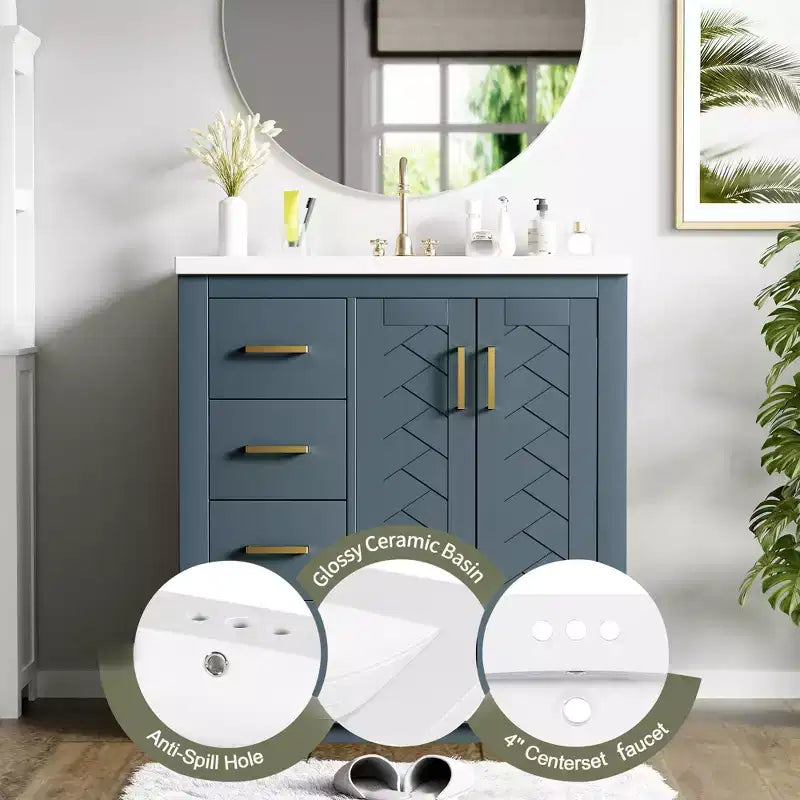 Meuble-lavabo de salle de bain de 76 cm à lavabo simple avec armoire et 3 tiroirs – Noir / Bleu / Vert / Indigo / Blanc