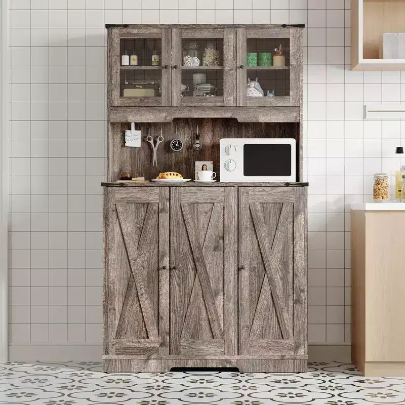 70.5 Brown Farmhouse Pantry Cabinet C Kitchen Hutch Storage with Charging Station, Adjustable Shelves & Coffee Bar Countertop for Dining Room