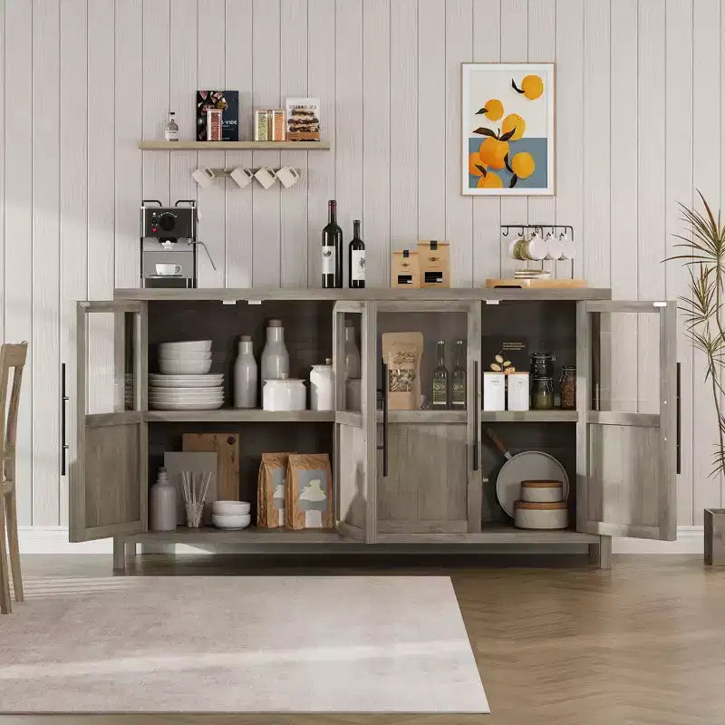 Buffet bahut avec portes vitrées, coloris noir/gris/bois, 4 portes, assemblage 1 personne