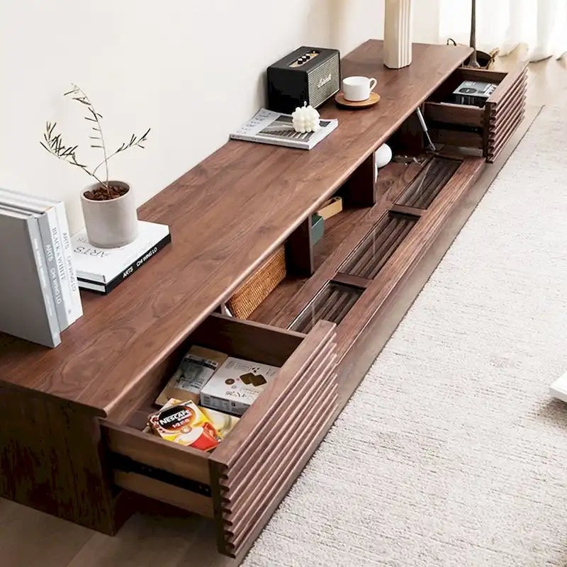 Minimalist TV Stand with DrawersSolid Wood Media Console with Cabinets, Flip-down Door, Walnut Veneer, Fully-Assembled