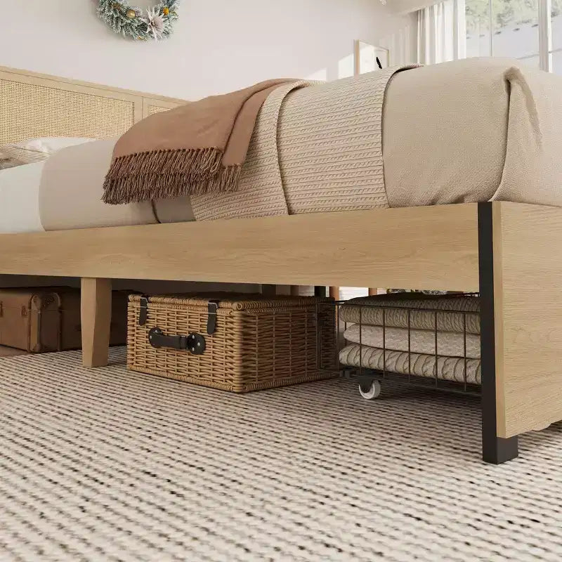 Cadre de lit en rotin naturel avec tête de lit et 2 tiroirs – Grand lit / Très grand lit, 1 personne
