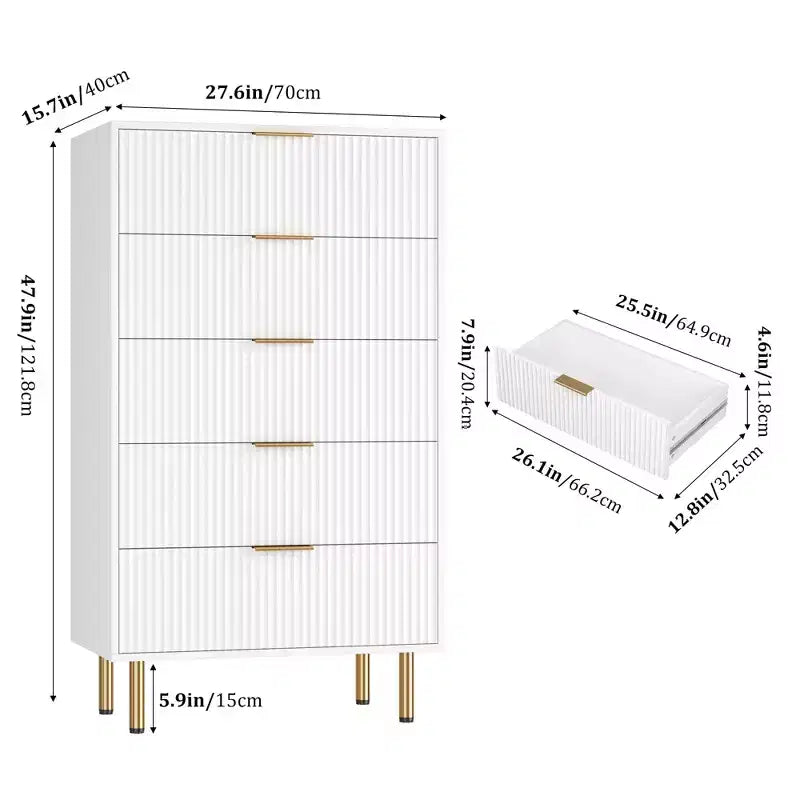 Commode 5 tiroirs blanche / effet marbre et bois – Panneau cannelé, pour 1 personne