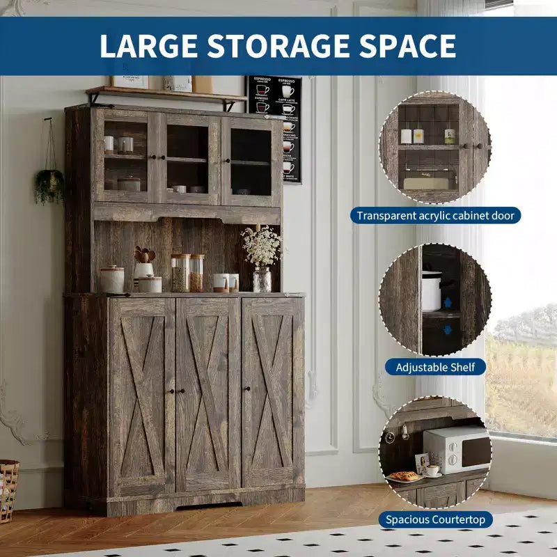 Meuble de rangement de cuisine autoportant marron avec portes en acrylique et plan de travail pour machine à café, 1 personne