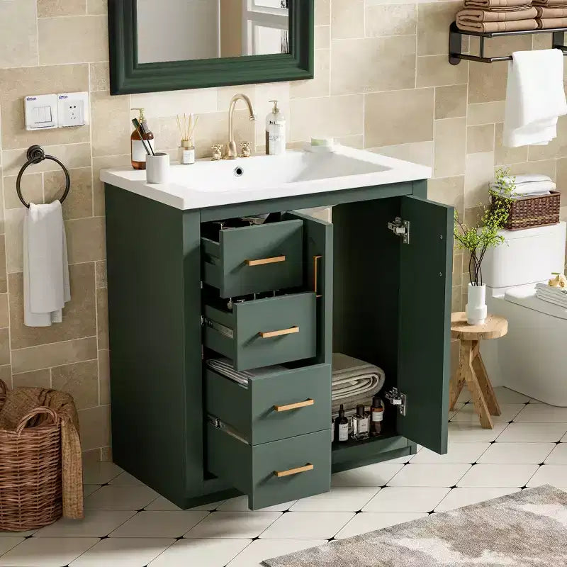 Meuble-lavabo de salle de bain de 76 cm à lavabo simple avec armoire et 3 tiroirs – Noir / Bleu / Vert / Indigo / Blanc