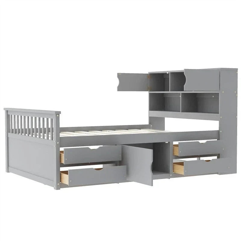 Twin/Full Size Captain Platform Bed with 4 Drawers and Storage Shelves, Solid Wood Bed Frame with Storage Bookcase Headboard