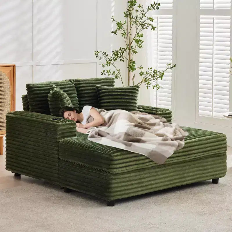 Sofa wypoczynkowa trzyosobowa sztruksowa z uchwytami na kubki i portami ładowania