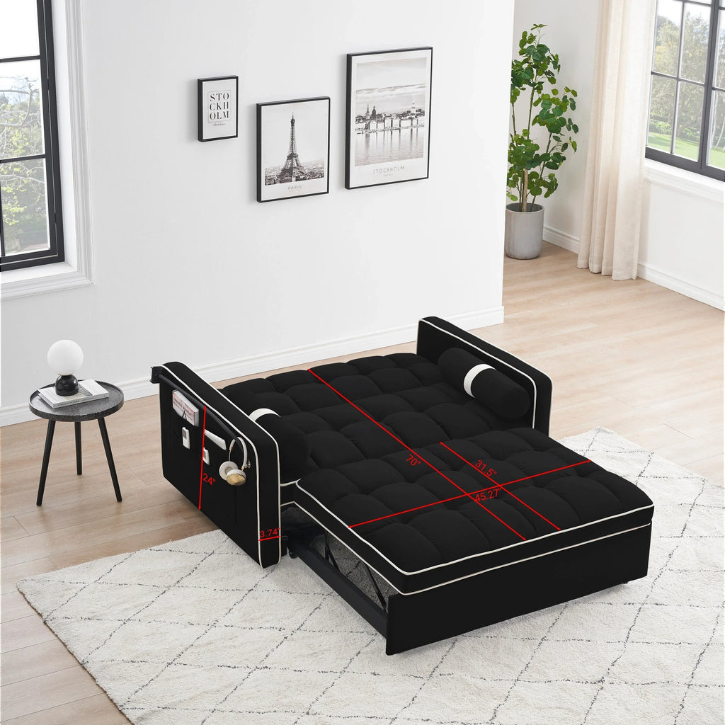 Velvet Convertible 55'' 2-Seater Sleeper Sofa with Pull-Out Bed, Adjustable Recline, Side Pockets, and Phone Holder