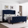 Full-size bed frame with winged headboard, four-drawer upholstered platform bed, no mattress support needed, black